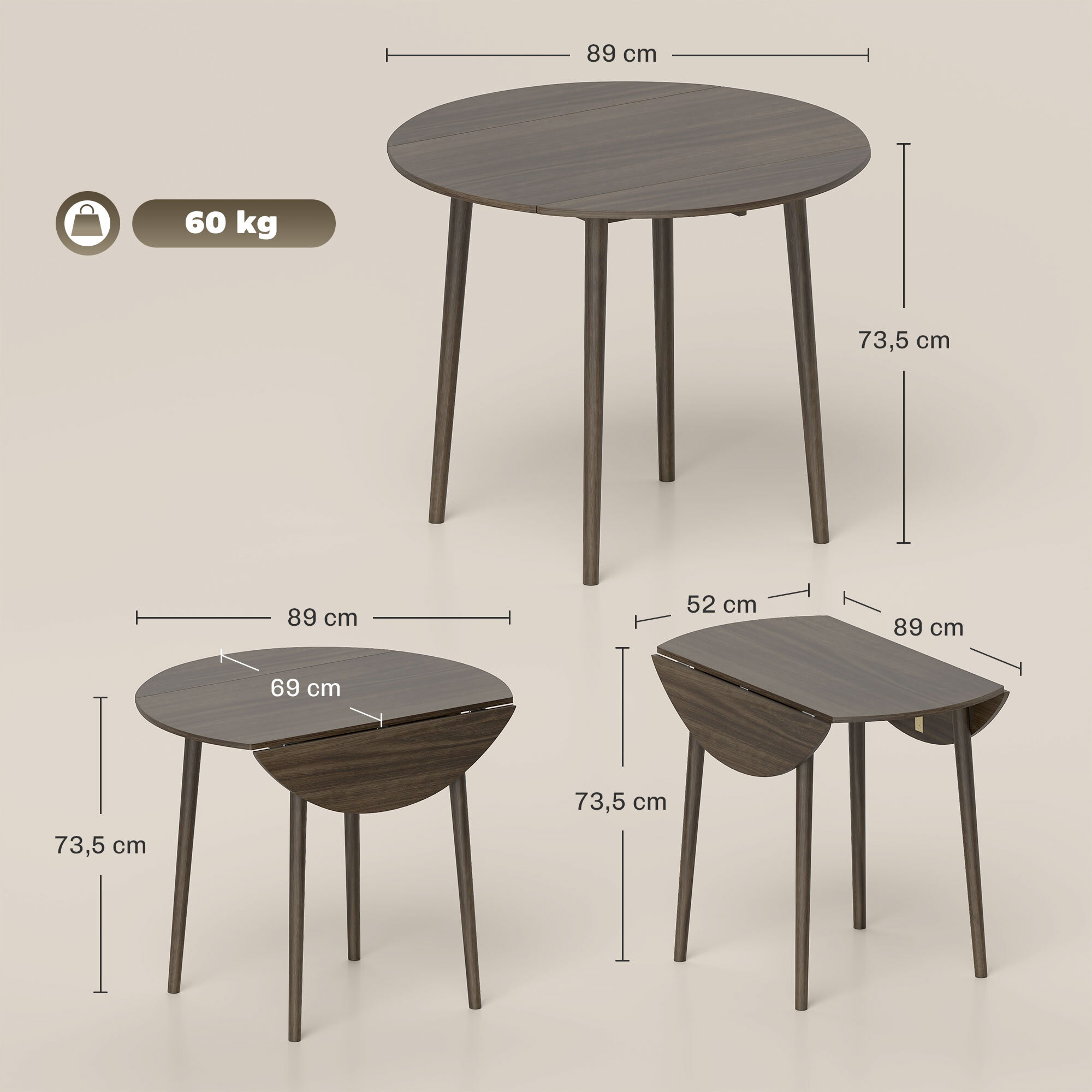 Table ronde de salle à manger cuisine pliable 2 abattants Ø 89 cm bois de pin gris