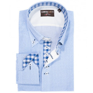 Camicia Uomo 2 Bottoni Button Down 7 Bottoni Slim Cotone Poliestere Stampa Bianco/Celeste