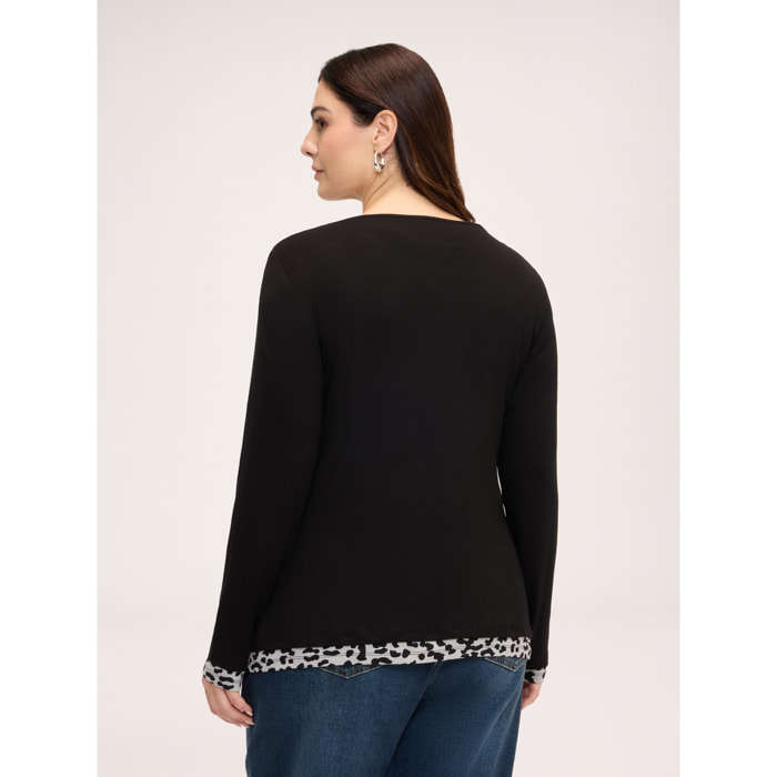 Fiorella Rubino - T-shirt bimaterica con stampa animalier - Nero
