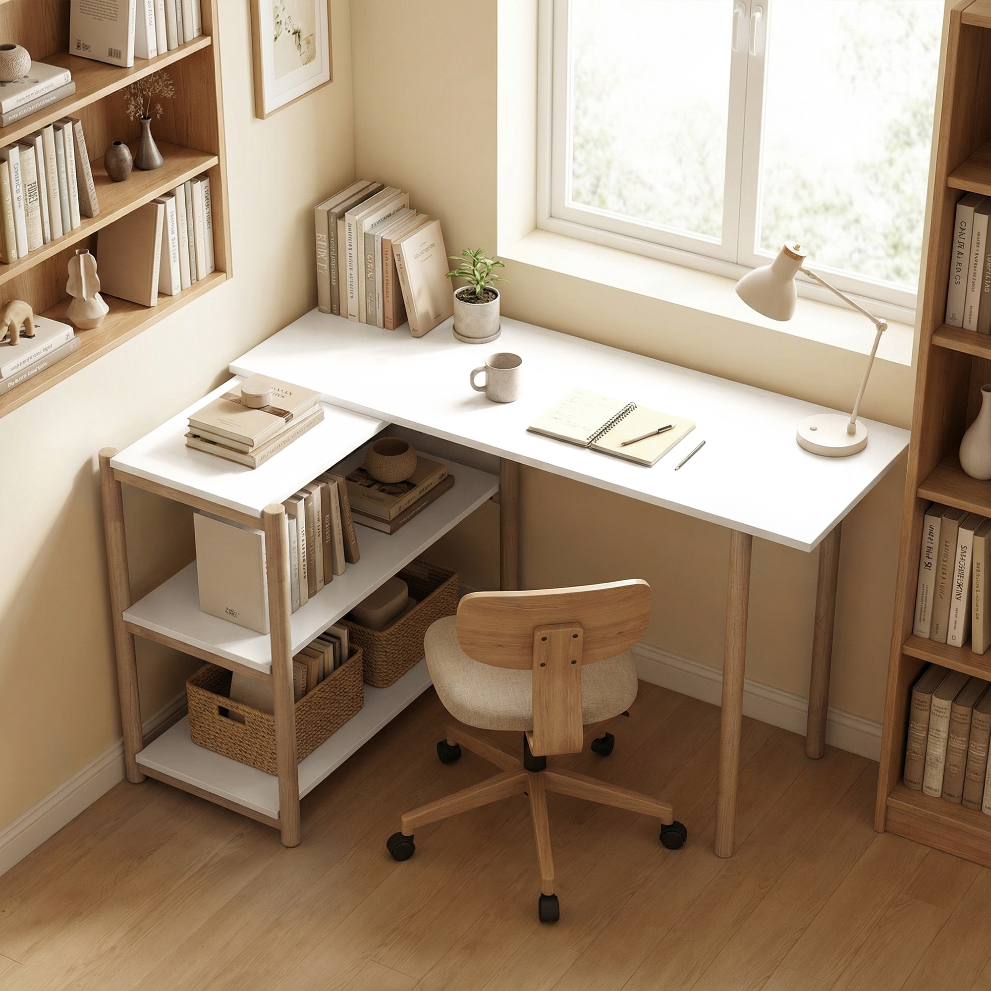 HOMCOM Escritorio Esquinero Plegable, 150 cm, Escritorio en L Moderno con Estantes de Almacenamiento y Marco de Bambú, Montaje Fácil, para Oficina en Casa, Dormitorio, Estudio, Blanco