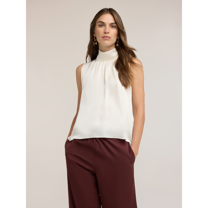 Motivi - Blusa in raso con colletto alla coreana - Bianco