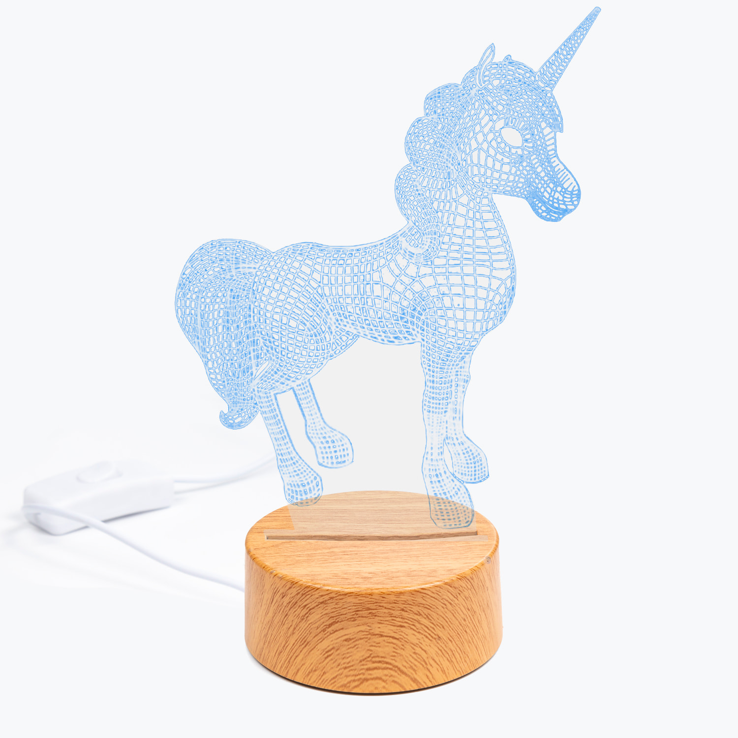 Lámpara ambiental efecto 3D, diseño Unicornio, base efecto madera. Luz LED.