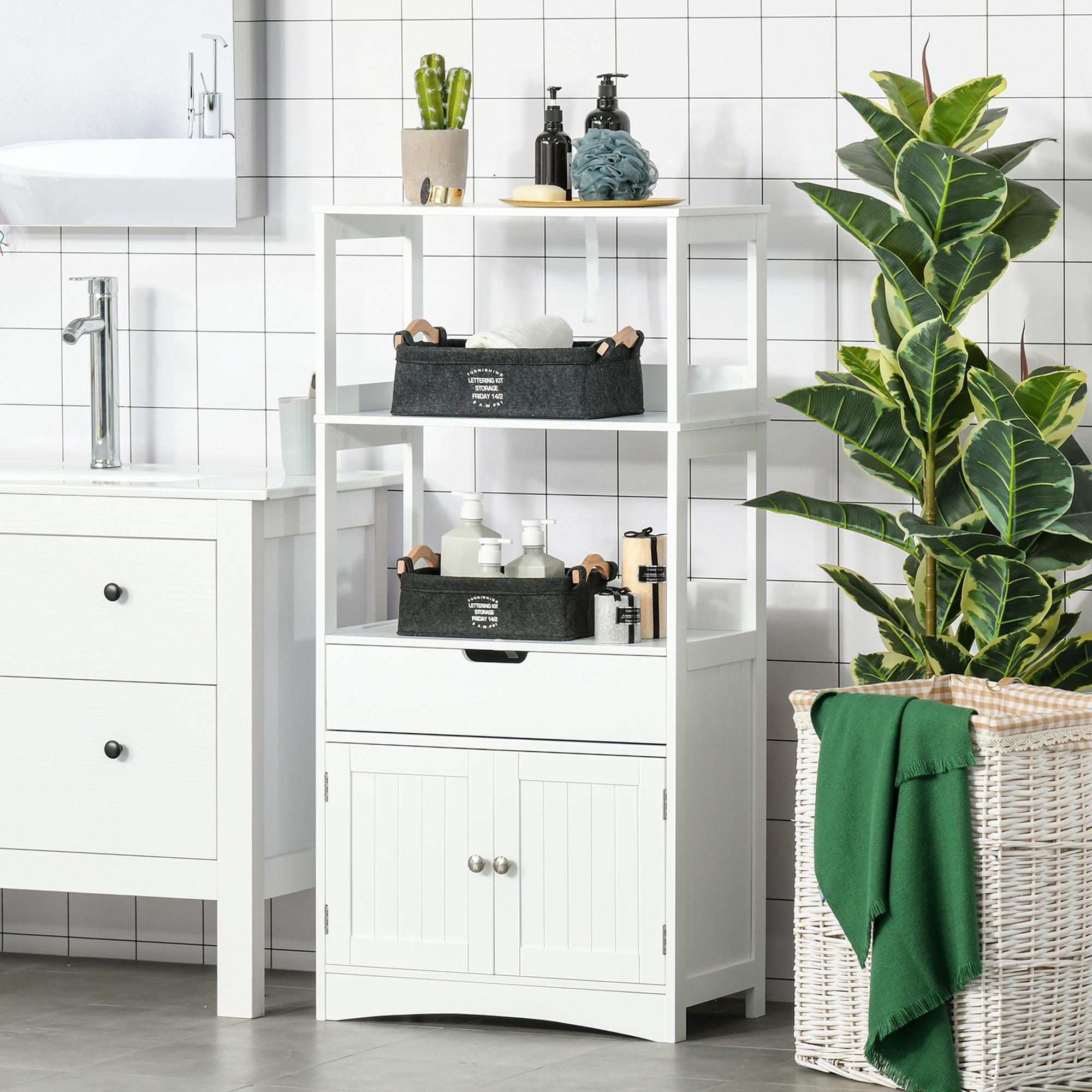 kleankin Armario de Baño con 3 Estantes Cajón y 2 Puertas Mueble de Almacenamiento de Suelo Moderno para Cocina Dormitorio Salón 60x33x122,5 cm Blanco