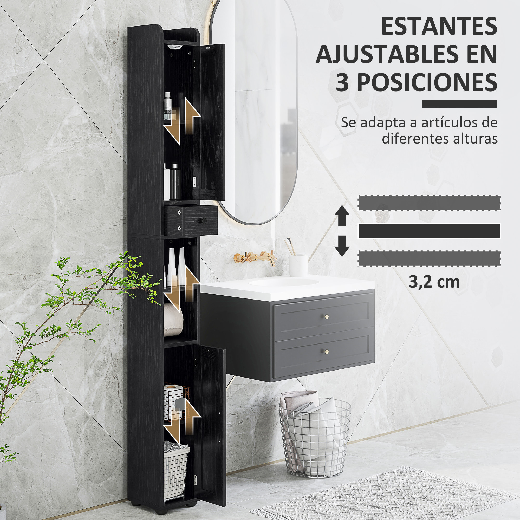 Columna de Baño Estrecha con 2 Puertas Armario Alto de Baño Rústico con Cajón Compartimento Abierto Estantes Ajustables y Portarrollos 20x20x185 cm Negro