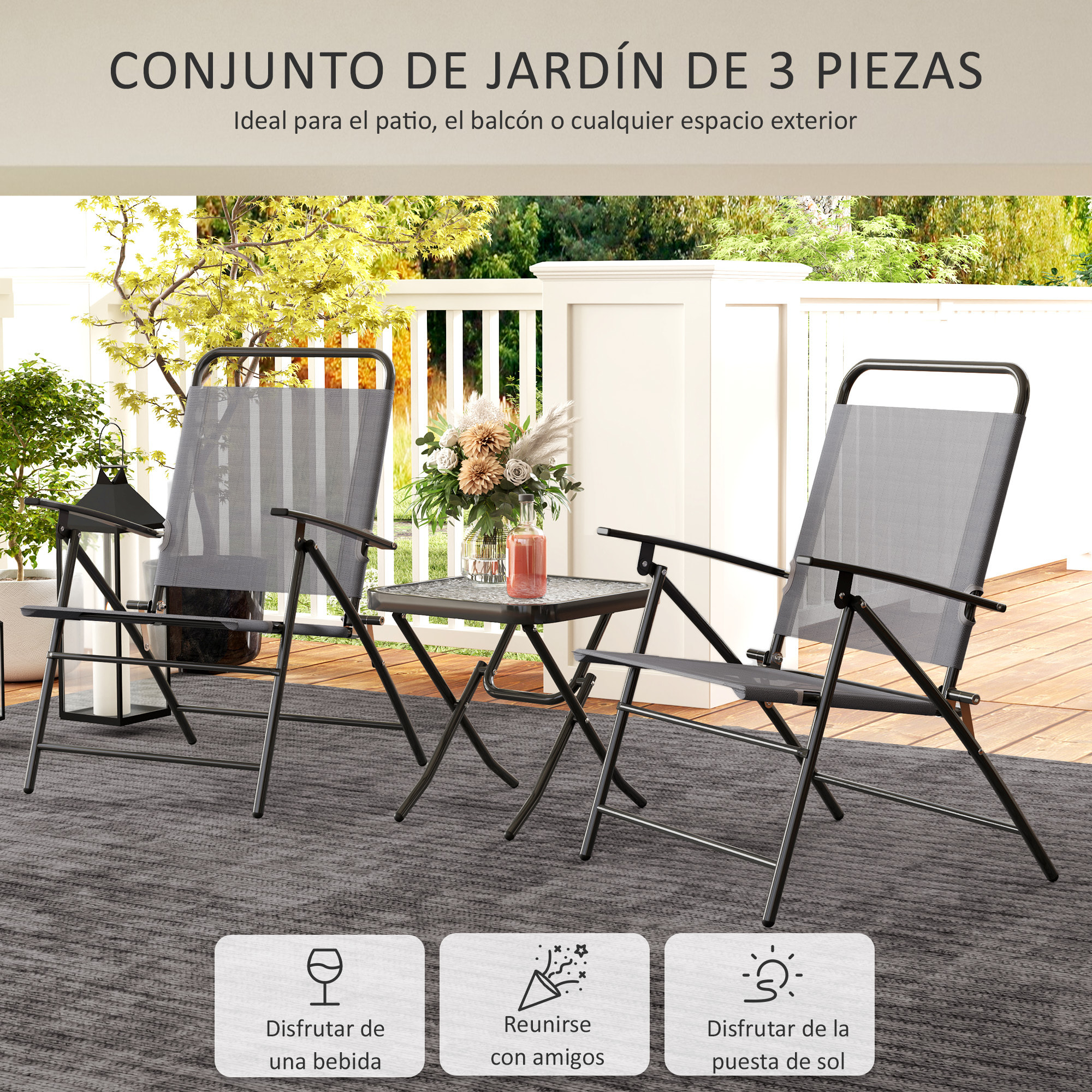 Conjunto de Mesa y Sillas de Terraza Exterior de 3 Piezas Muebles de Jardín Exterior Plegables con Respaldo Regulable Tablero de Vidrio y Estructura de Acero