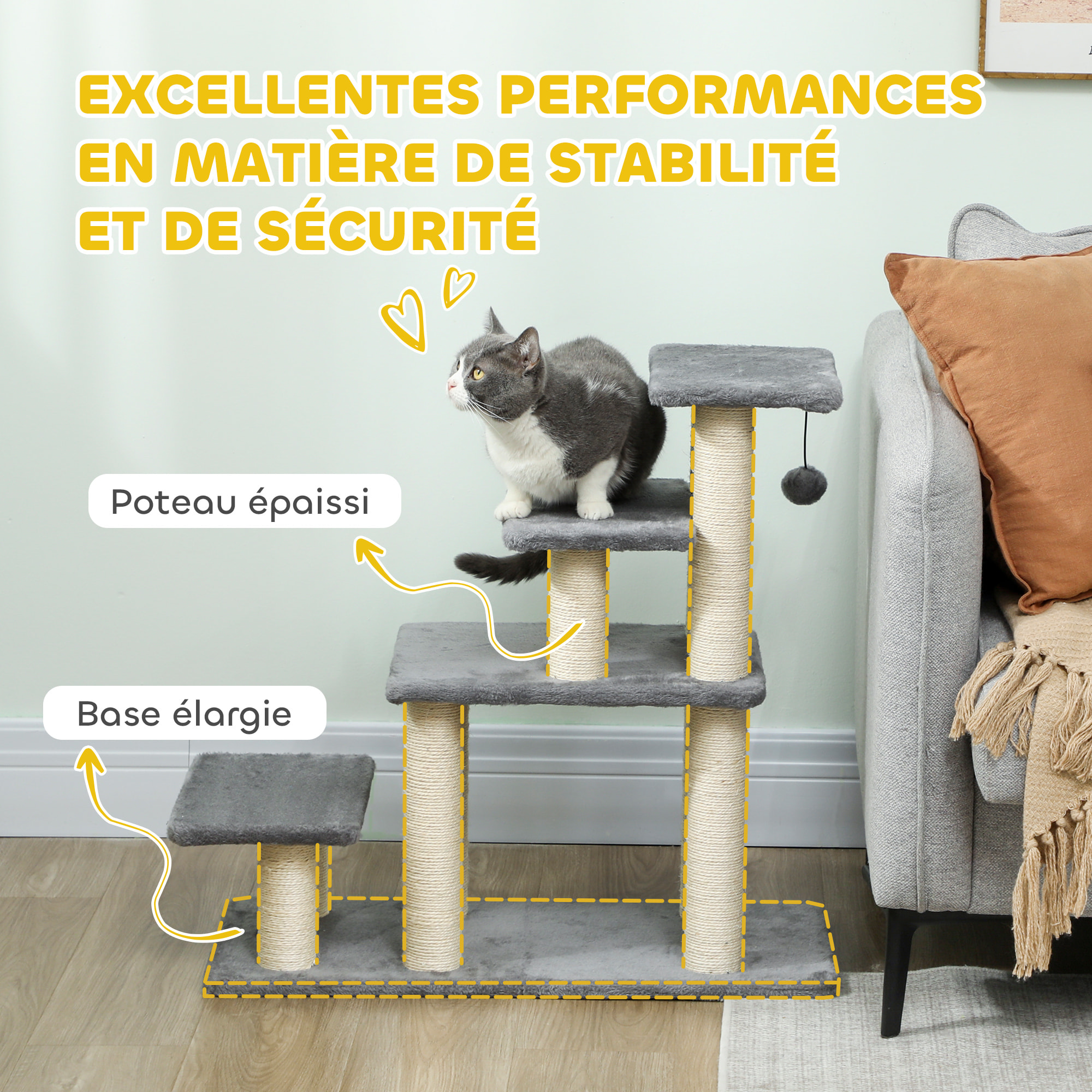 Escalier pour chat 4 marches - 8 poteaux griffoirs, jeu boule suspendue - sisal peluche gris
