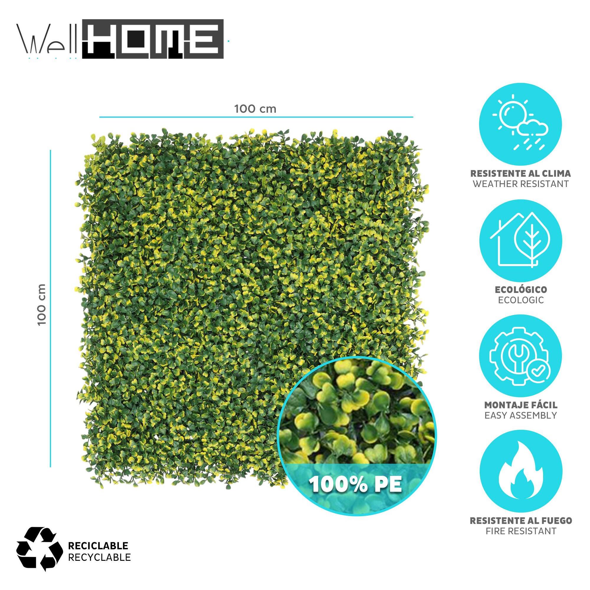 Well home jardín vertical artificial, panel de seto 100x100cm, para decoración interior y exterior - de hojas verdes diseño moderno