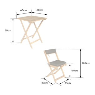 Ensemble table et chaises 2 places en acacia et coussins gris BENAGIL