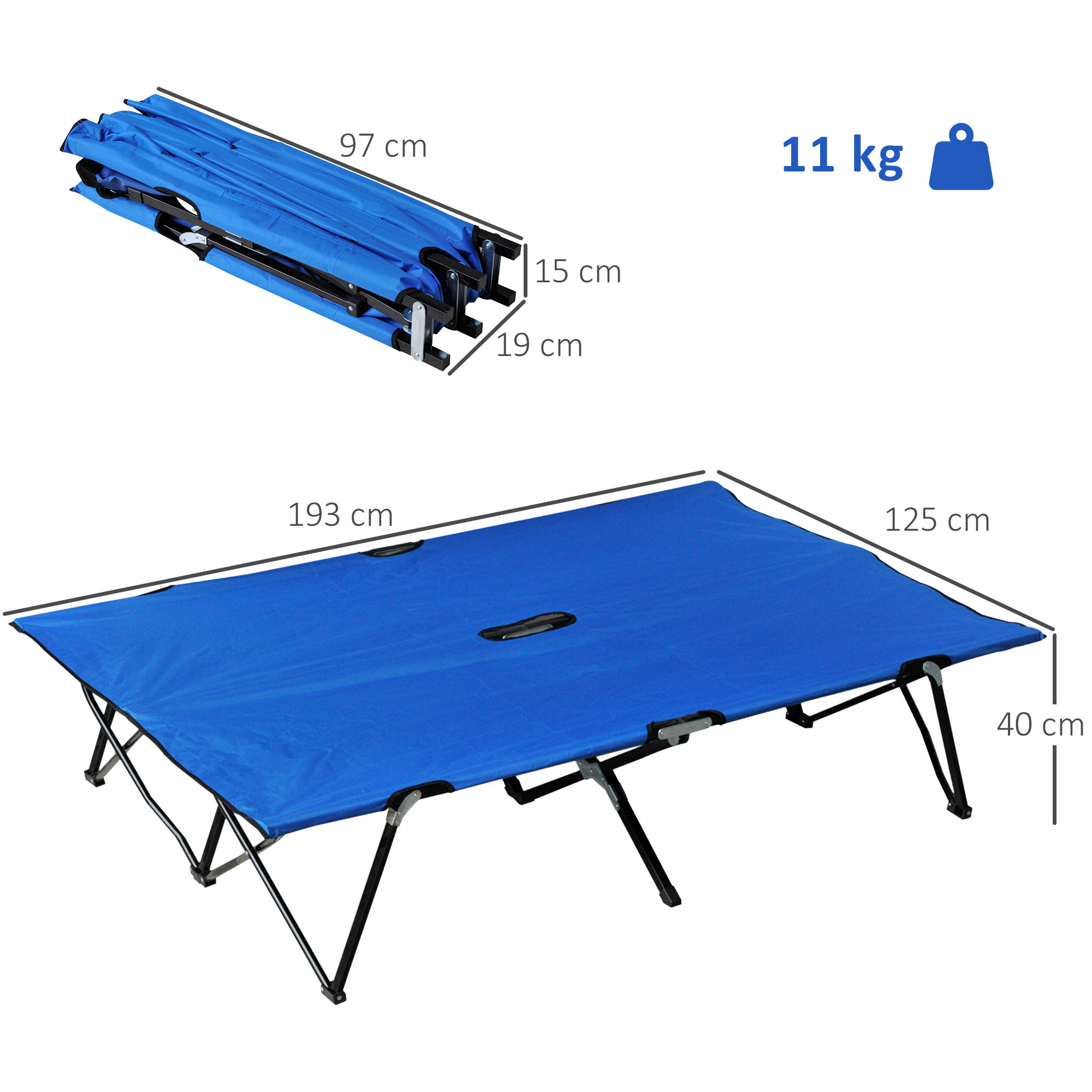 Lit de camp pliable double 193 x 125 x 40 cm avec sac de transport métal noir polyester Oxford bleu