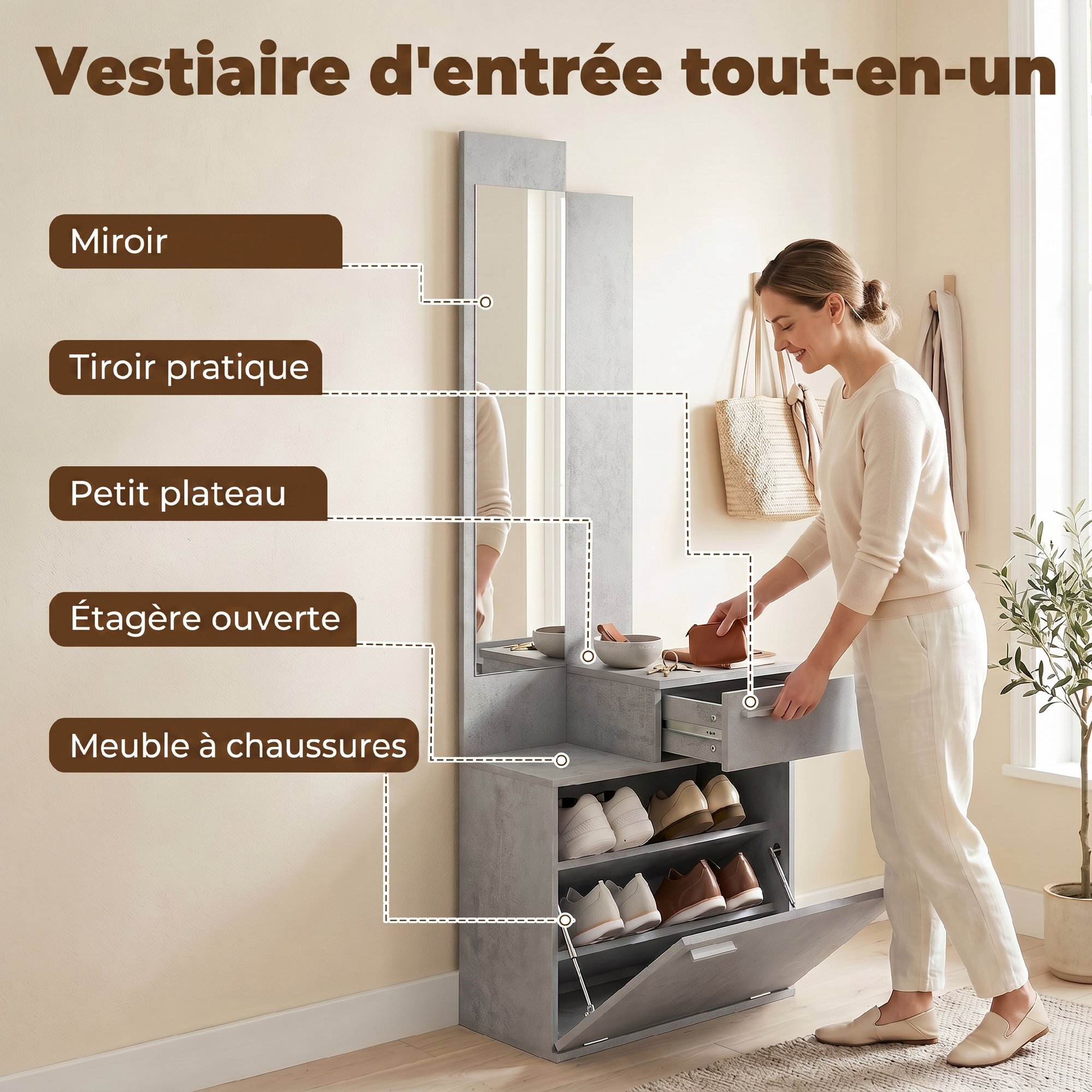 Ensemble meuble d'entrée avec meuble à chaussures abattant, vestiaire avec miroir, tiroir et plateau, gris