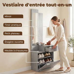Ensemble meuble d'entrée avec meuble à chaussures abattant, vestiaire avec miroir, tiroir et plateau, gris