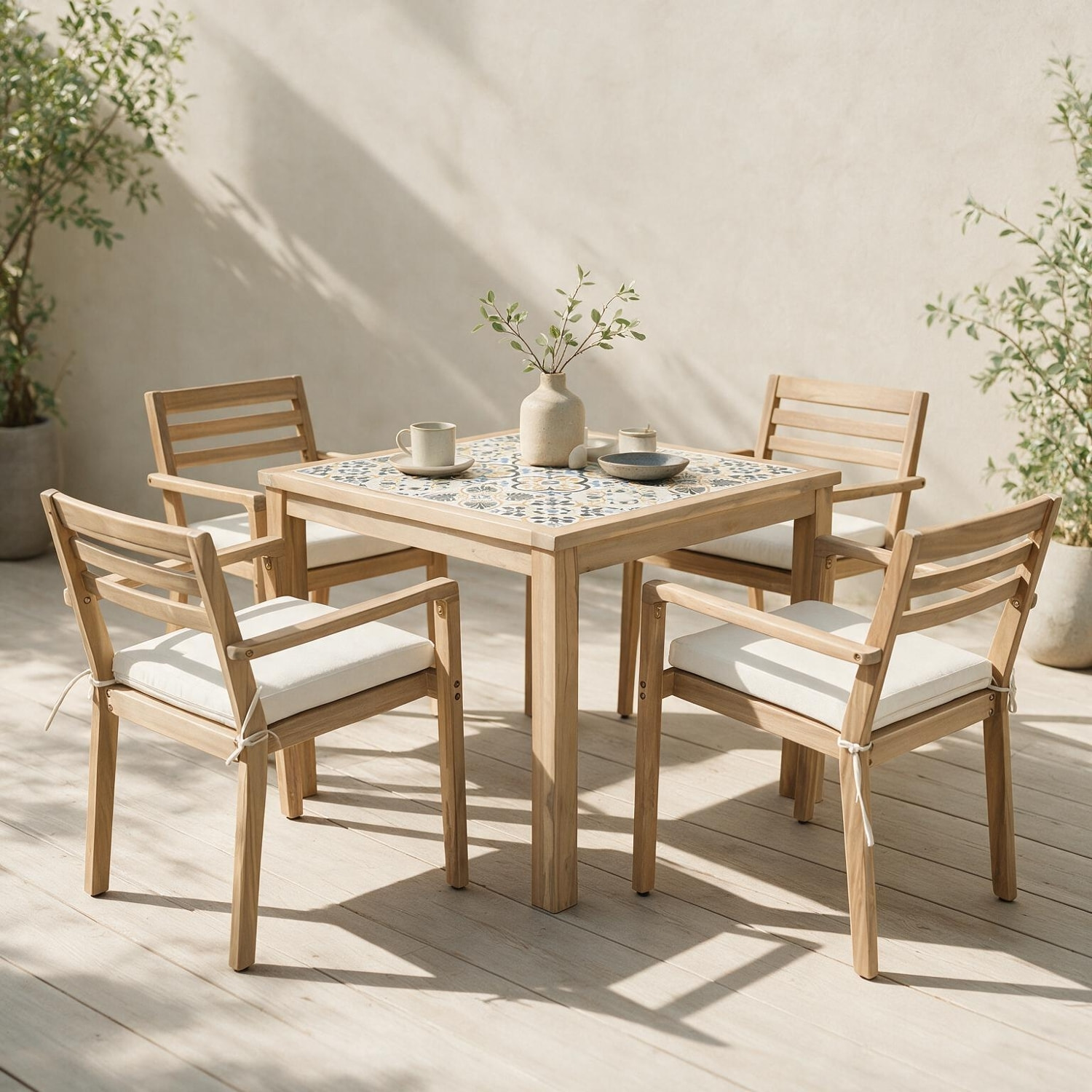 Ensemble table et chaises de jardin 4 places en acacia massif et céramique FARO