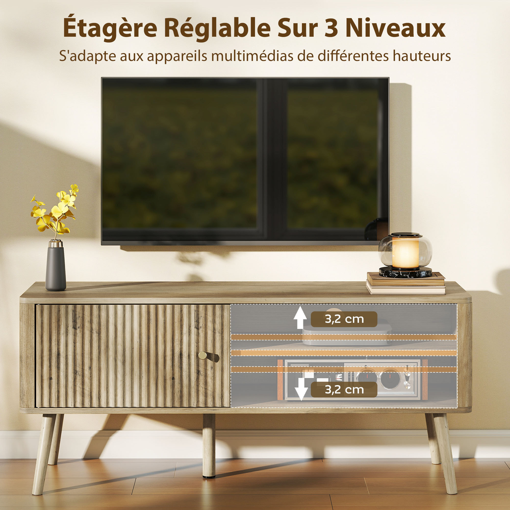 Meuble TV design effet cannelé naturel porte 2 niches bois de pin effet bois clair