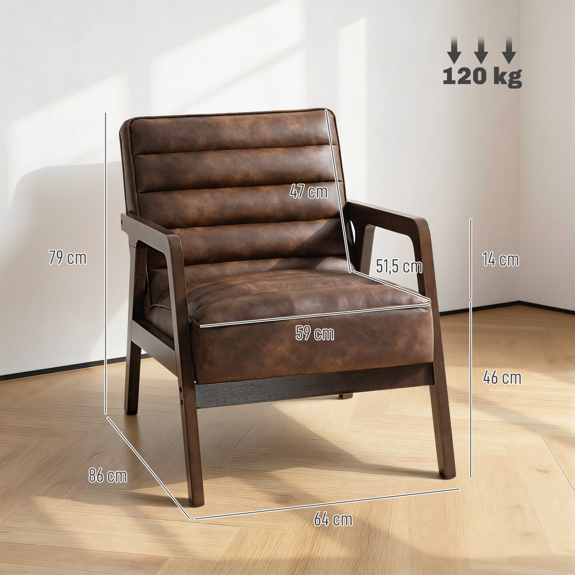 Butaca de Salón, Tapizado en PU, Sillón Lectura con Marco de Madera Maciza, Asiento Acolchado, Asiento Amplio, Butaca para Sala de Estar, Dormitorio, Marrón