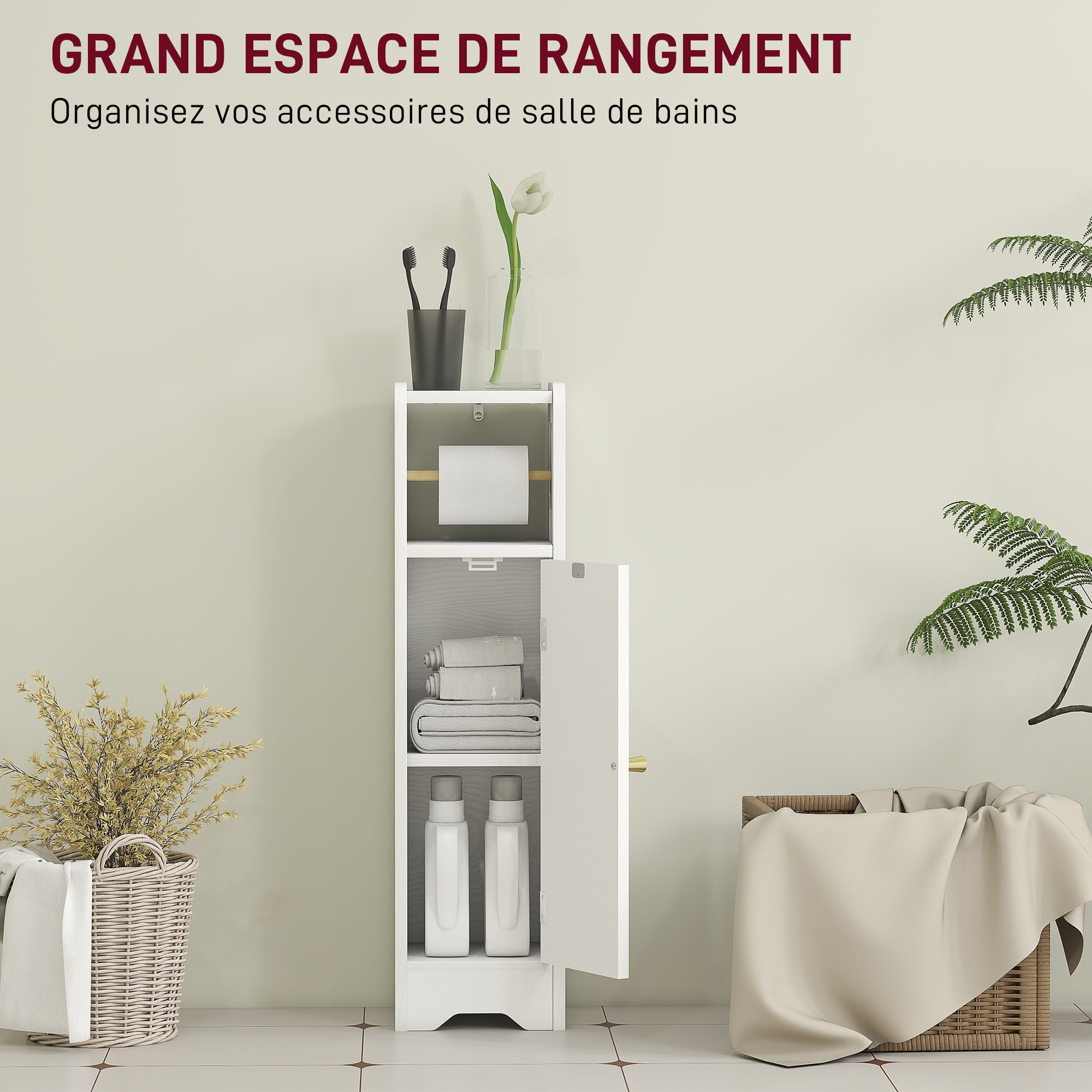 Support papier toilette - armoire pour papier toilette - 2 niveaux + rouleau papier effet bois blanc