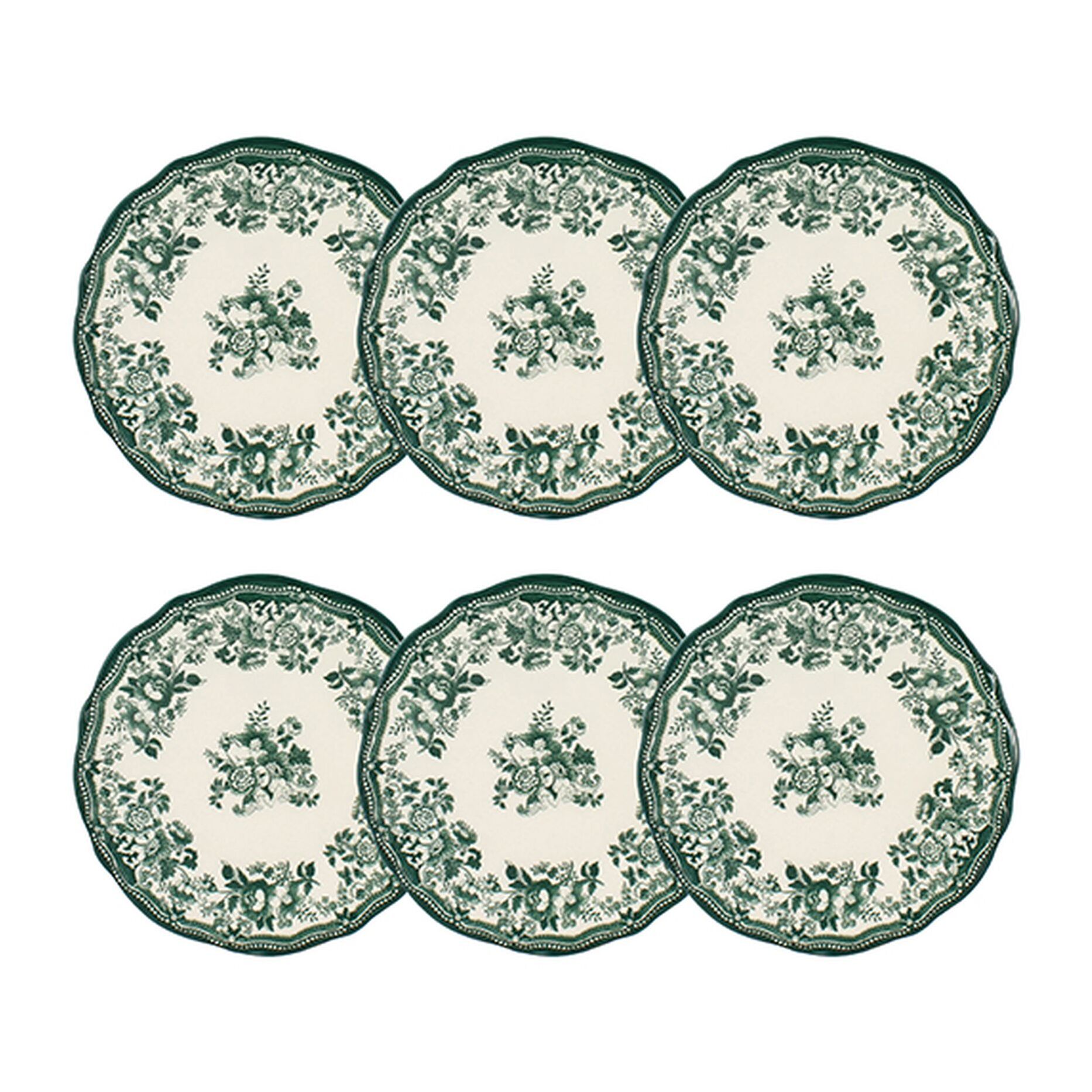 Lot de 6 assiettes plates fleuries en porcelaine vert 26cm FAUSTINE