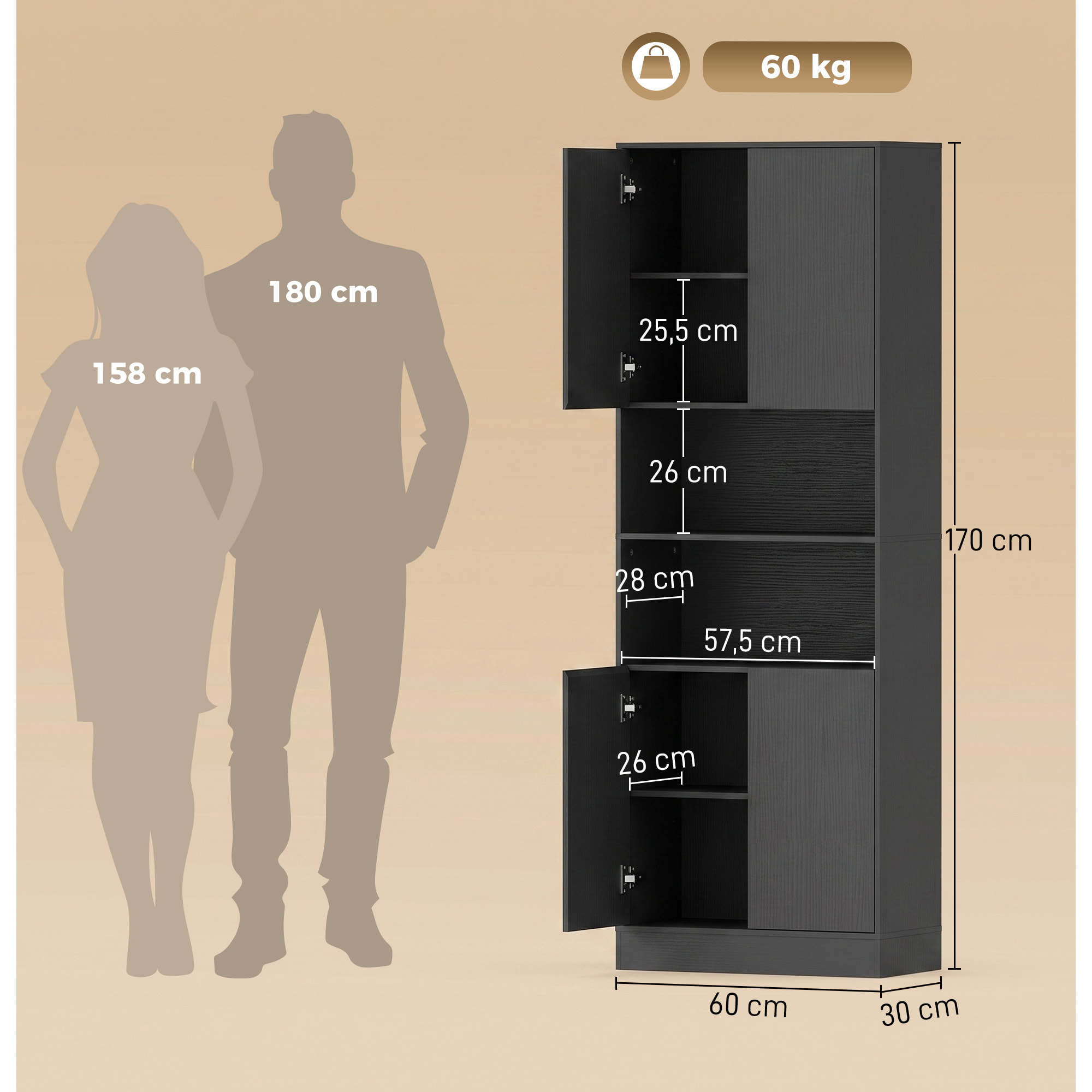 Buffet haut effet bois noir 4 portes 2 étagères 2 niches