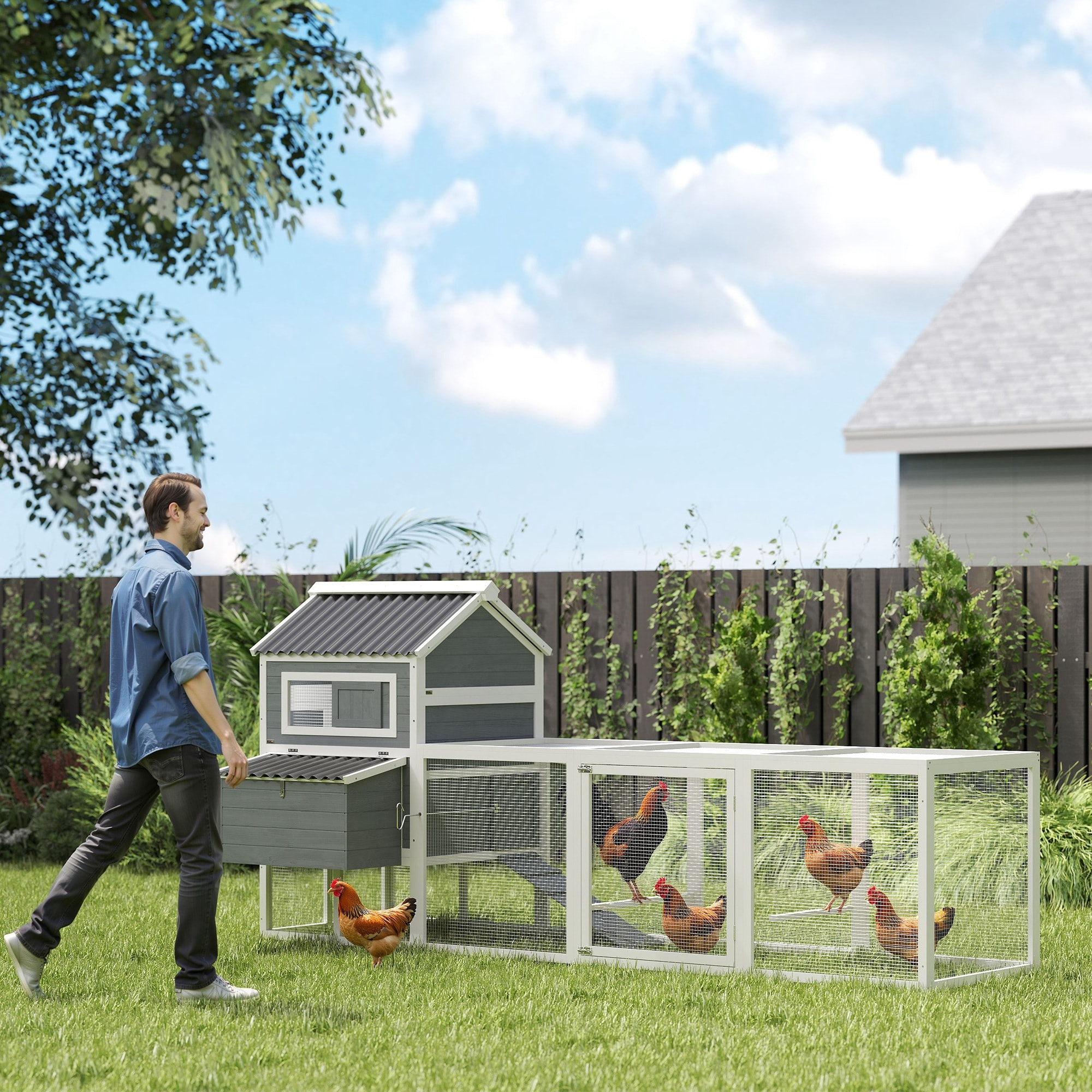 Gallinero para Exterior Gallinero de Madera Jaula Grande para 10-15 Gallinas con Columpio Perchas Bandeja Extraíble y Rampa 315,5x150,5x140,5 cm Gris