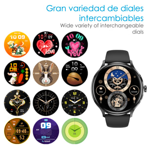 DAM Smartwatch QS80 con llamadas BT, notificaciones push. Monitor deportivo y de salud, termómetro. 4,4x1,1x3,7 Cm. Color: Negro