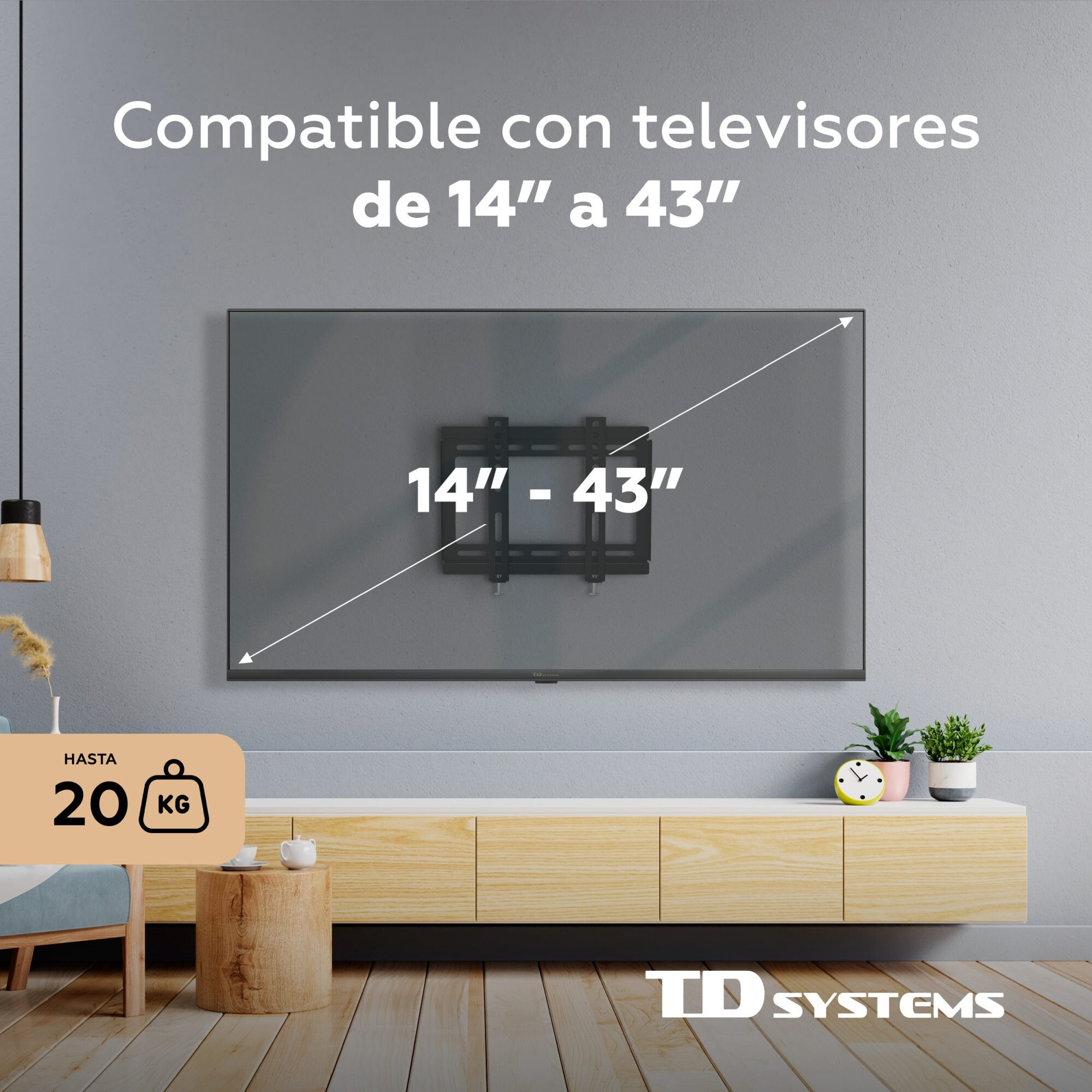 Soporte de TV pared fijo de bajo perfil para pantallas de 14 a 43 pulgadas. VESA máximo de 400 x 400 mm - TD Systems P20X25F22