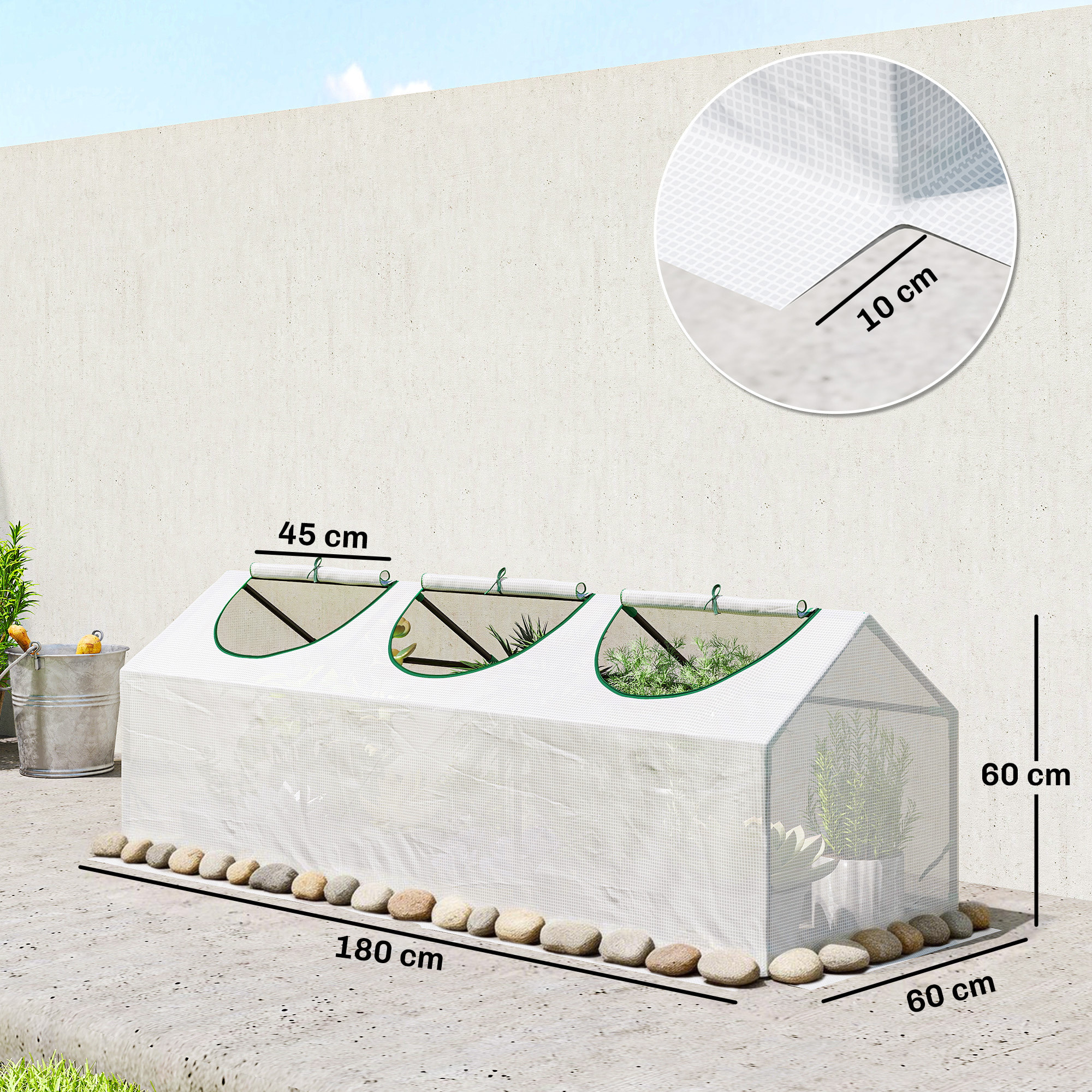 Mini serre de jardin serre à tomates 180 x 60 x 60 cm 3 fenêtres zippées enroulables acier thermolaqué PE haute densité blanc