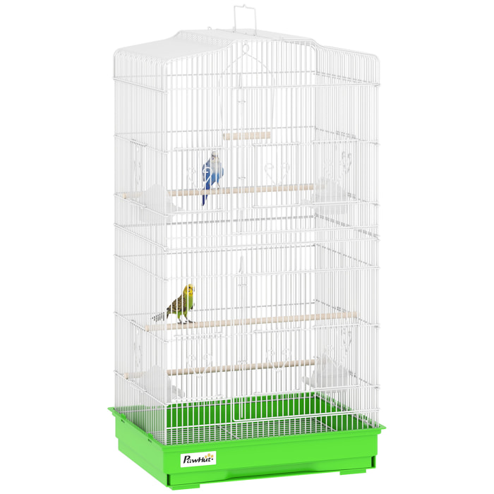 Jaula para Pájaros, Jaula de Metal para Pájaros con Puertas, 4 Comederos, 3 Perchas, Columpio, Bandeja Extraíble y Asa de Transporte, para Loro, Canario, Periquito, 46,5x35,5x92 cm, Verde