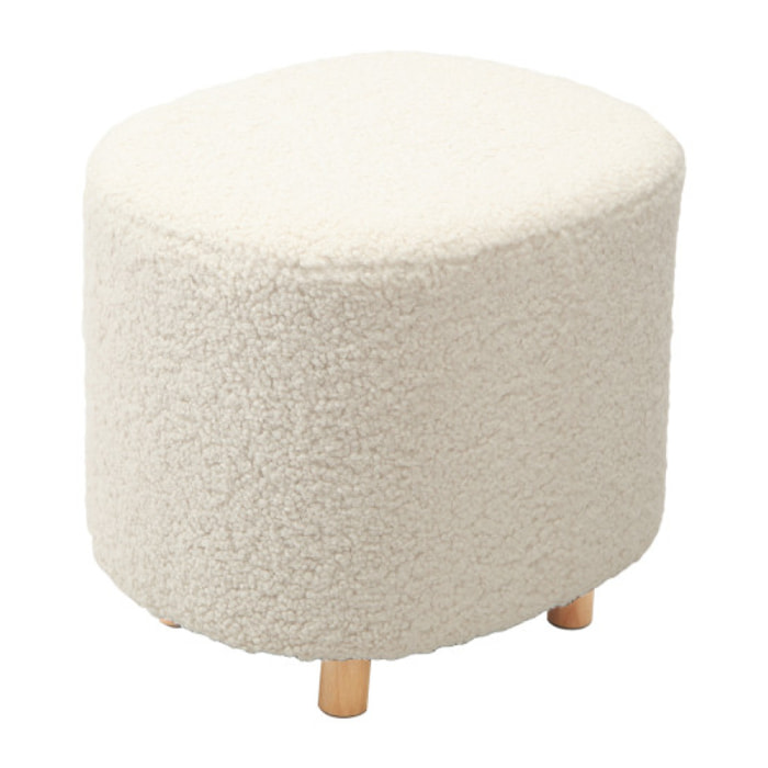 Pouf bouclette blanc en tissu imitation laine pieds en bois - BOUCLE