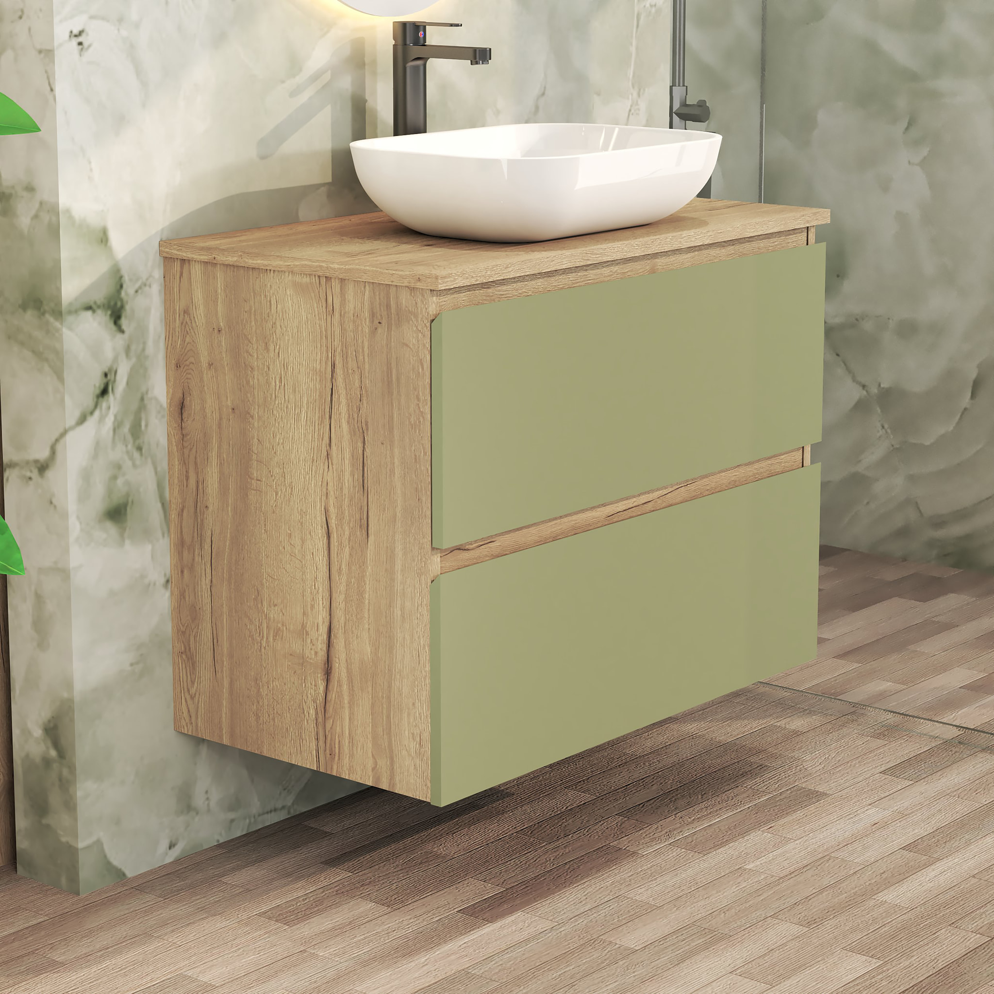 Conjunto de Baño Nia | Mueble Suspendido | 80 cm Verde | Dos Cajones | Lavabo Sobrepuesto | No incluye Espejo | Mueble Montado| Alday
