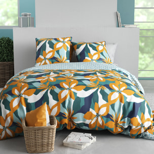 Parure housse de couette imprimé 100% percale de coton - flore - orange