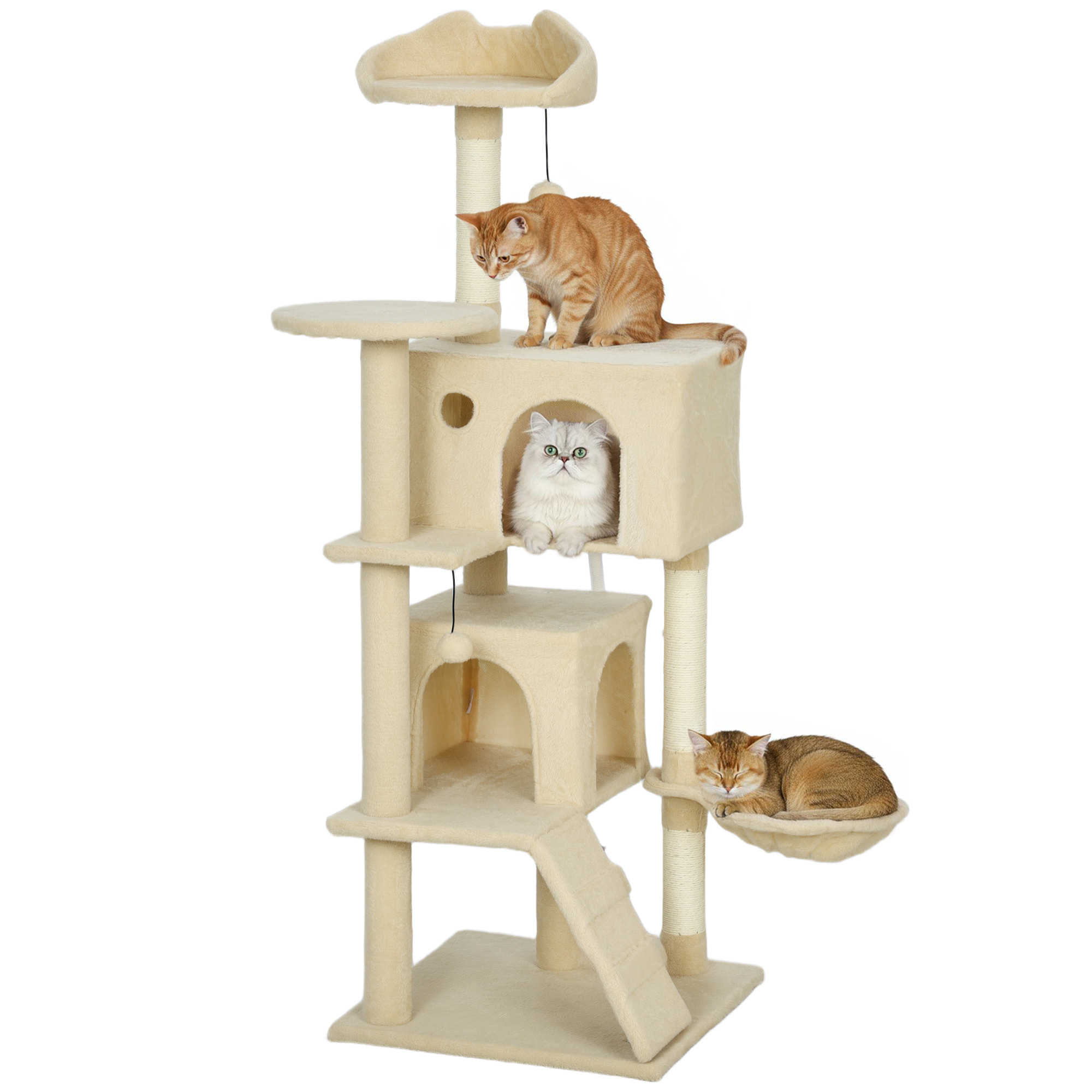 Árbol Rascador para Gatos, Árbol para Gatos 140 cm, Torre Escalador con Múltiples Plataformas, Cama, 2 Cuevas, Hamaca, Escalera, Postes de Sisal, Bolas para Jugar, Beige
