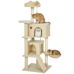 Árbol Rascador para Gatos, Árbol para Gatos 140 cm, Torre Escalador con Múltiples Plataformas, Cama, 2 Cuevas, Hamaca, Escalera, Postes de Sisal, Bolas para Jugar, Beige