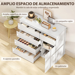 Aparador con 5 Cajones, Aparador de Salón con Estantes Ajustables, Puerta de Cierre Suave, para Cocina, Entrada, Dormitorio, Blanco Brillo, 100x40x80 cm