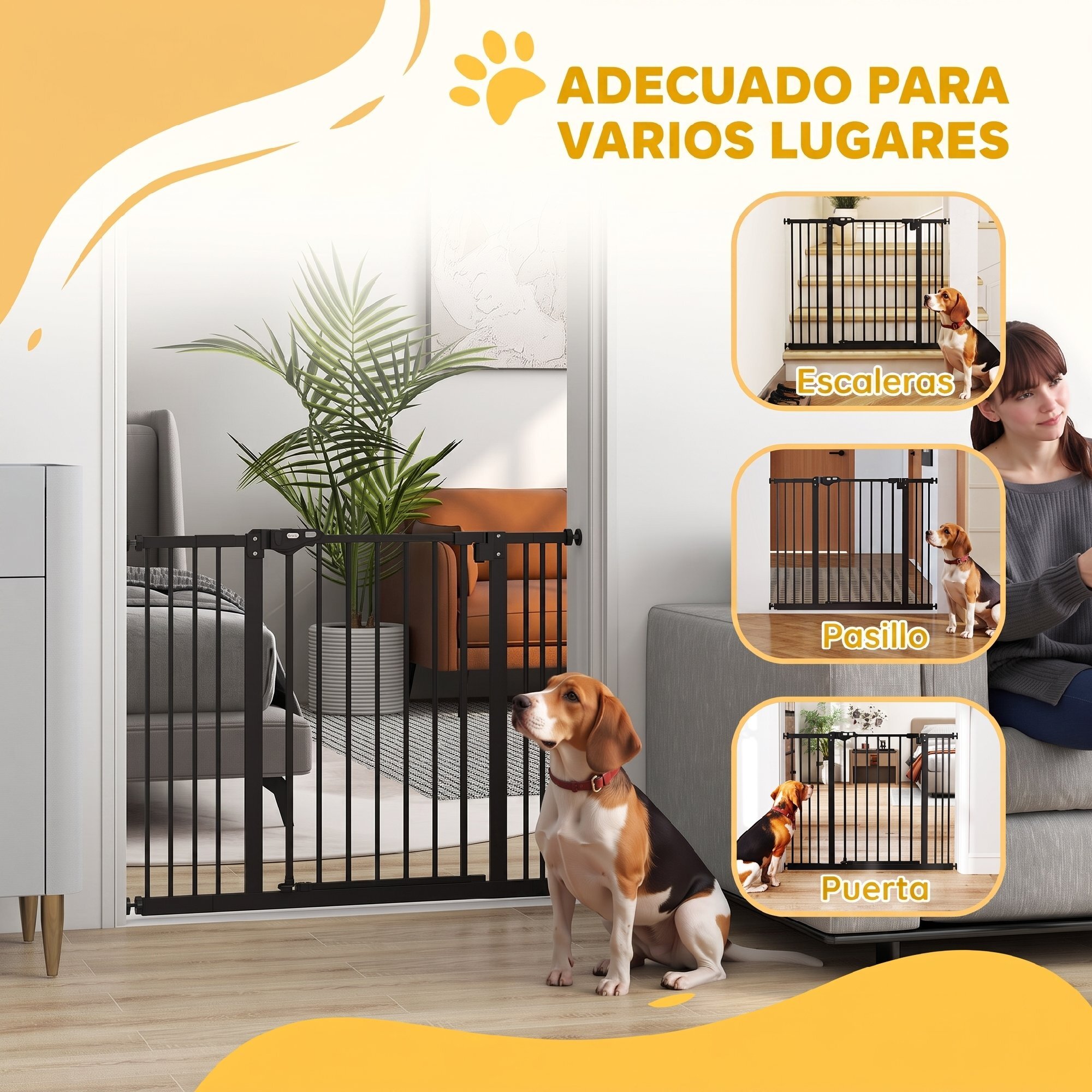 Barrera de Seguridad para Perros Extensible 74-100 cm, para Puertas y Escaleras, Barrera para Perros Medianos, Cierre Automático Montaje a Presión Doble Bloqueo 2 Extensiones 7/14 cm, Negro