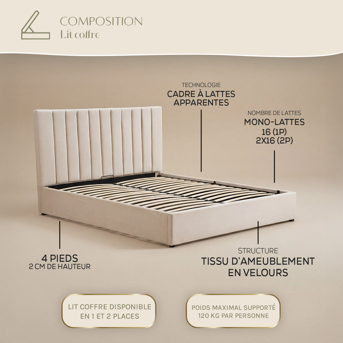 Lit Coffre Giulia Velours Beige, Grand Volume de Rangement, Sommier à Lattes Inclus