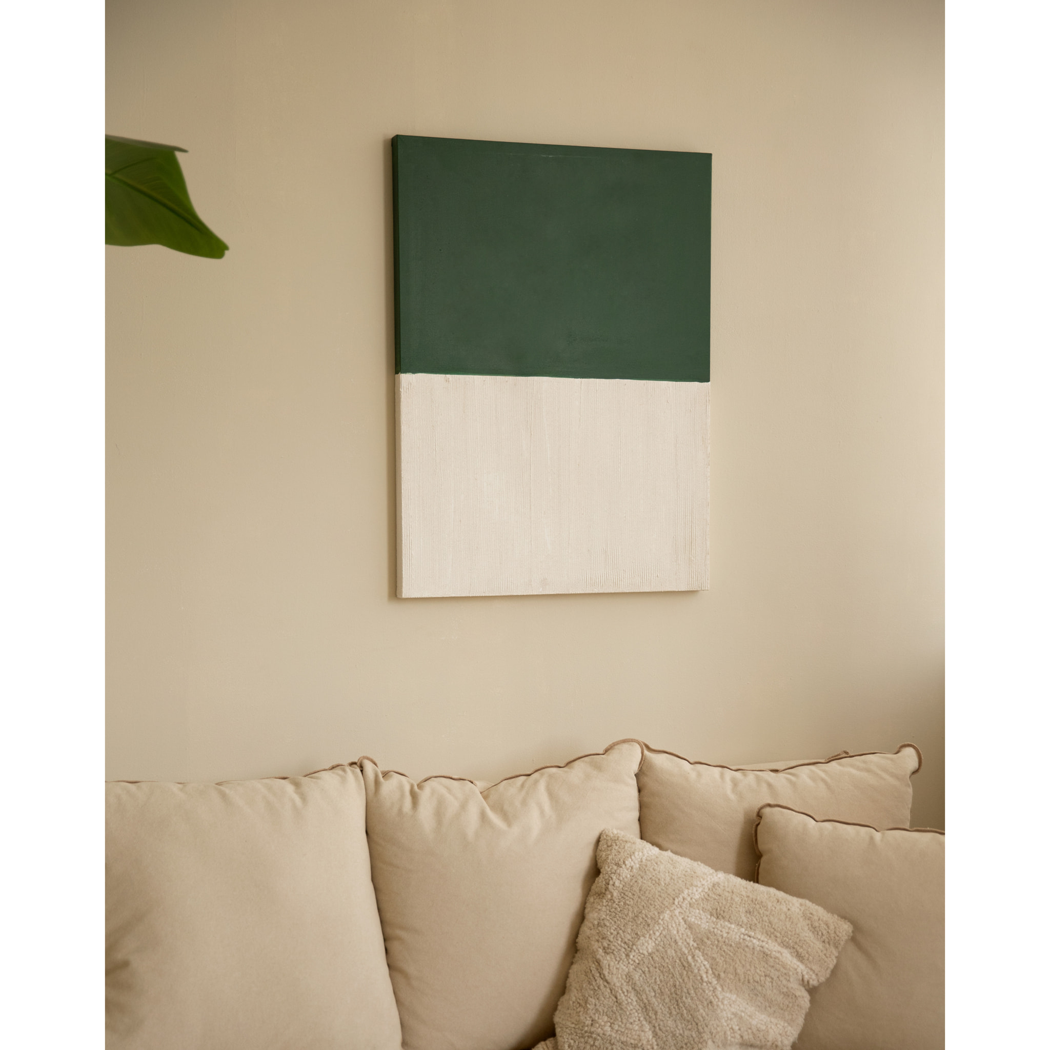 Tableau vert et blanc décoratif sur coton avec cadre en bois peint à la main à la peinture à l'huile en différentes tailles