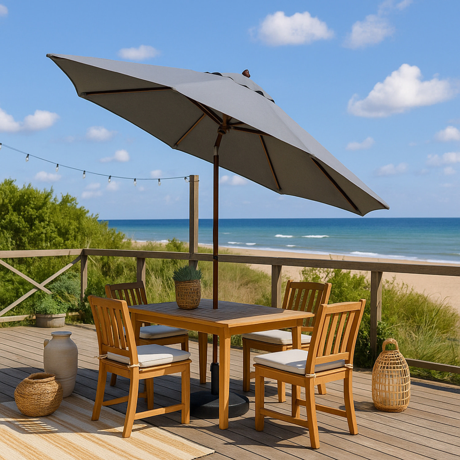 Parasol en bois inclinable rond toile grise DANINE