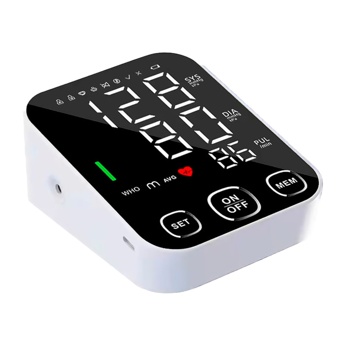 Tensiómetro electrónico S03 de brazo con avisos de voz, 198 registros de mediciones con modo de 2 usuarios.