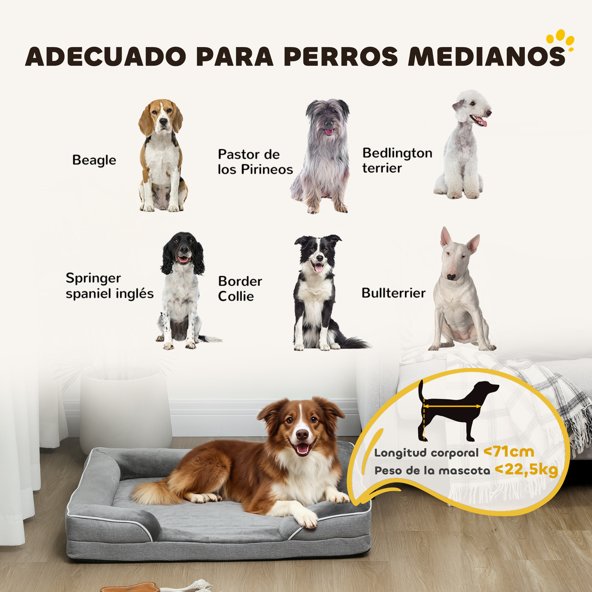 Cama para Perros Medianos, Cama para Gatos, Colchón para Perros con Base Antideslizante, Funda Extraíble y Lavable, 91,5x68,5x16,5 cm, Gris