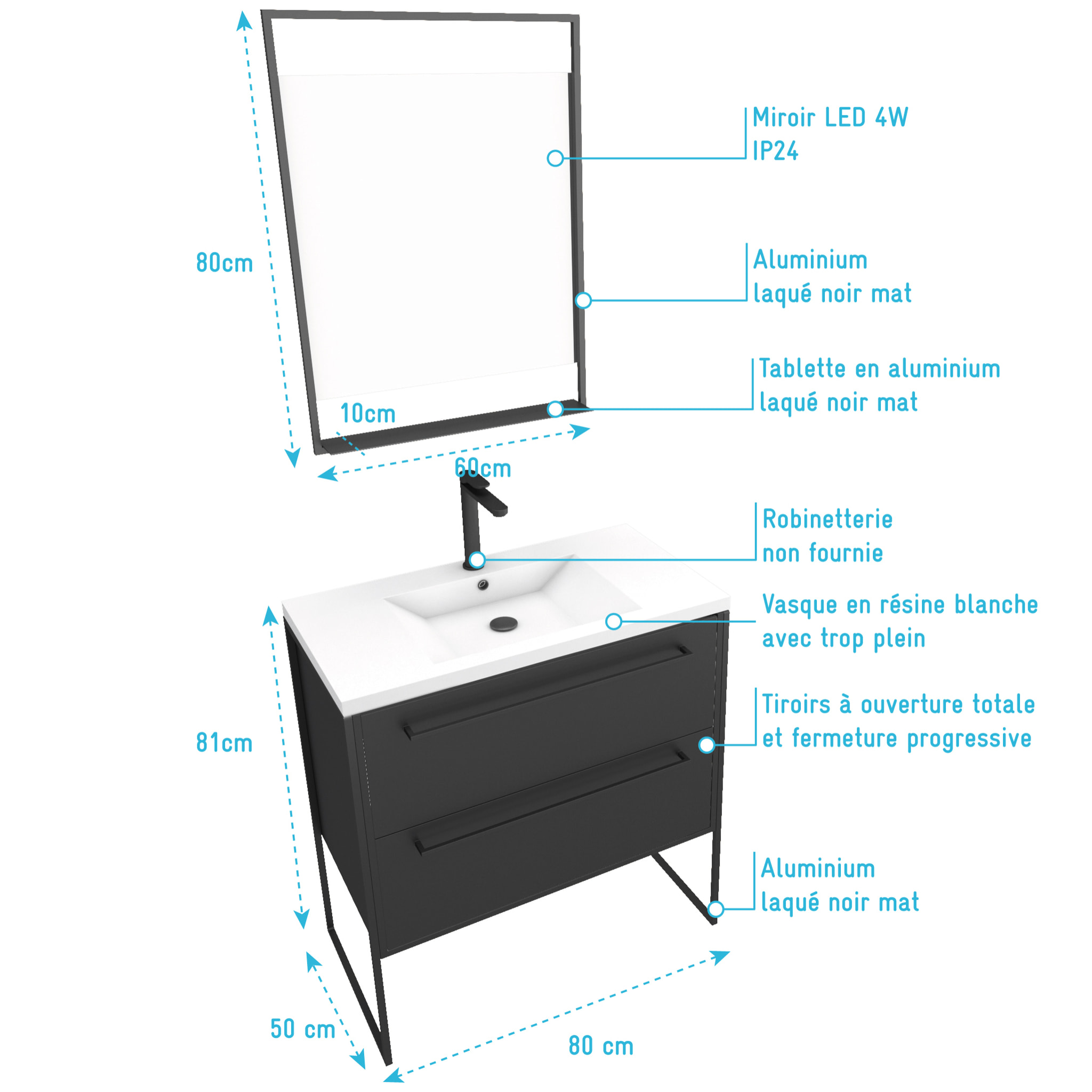 Pack Meuble de salle de bain 80x50 cm NOIR MAT - 2 tiroirs Noir mat - vasque blanche + miroir LED