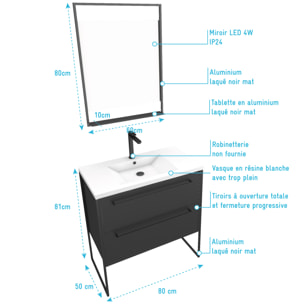 Pack Meuble de salle de bain 80x50 cm NOIR MAT - 2 tiroirs Noir mat - vasque blanche + miroir LED