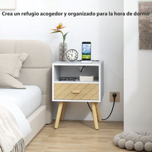 Mesita de Noche con Estación de Carga, Mesilla de Noche con Cajón, 2 Tomas AC, Puerto USB y Tipo-C, Compartimento Abierto, Patas de Madera, para Salón, Dormitorio, Blanco
