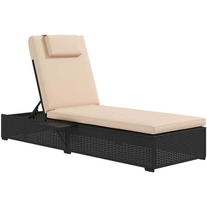 Tumbona de Ratán Reclinable Tumbona para Jardín con Respaldo Ajustable en 5 Niveles Mesita y Cojín Carga 120 kg para Patio Terraza Negro y Beige