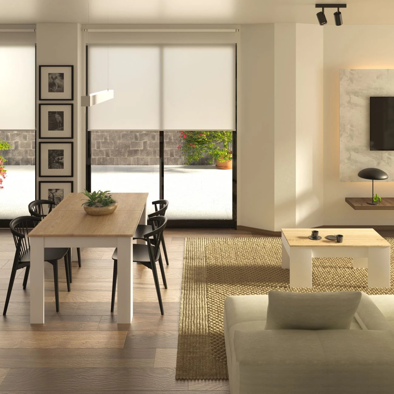 Pack mesa de comedor 140 y mesa de centro Vita Blanco Artik (Blanco Mate) - Roble Canadian