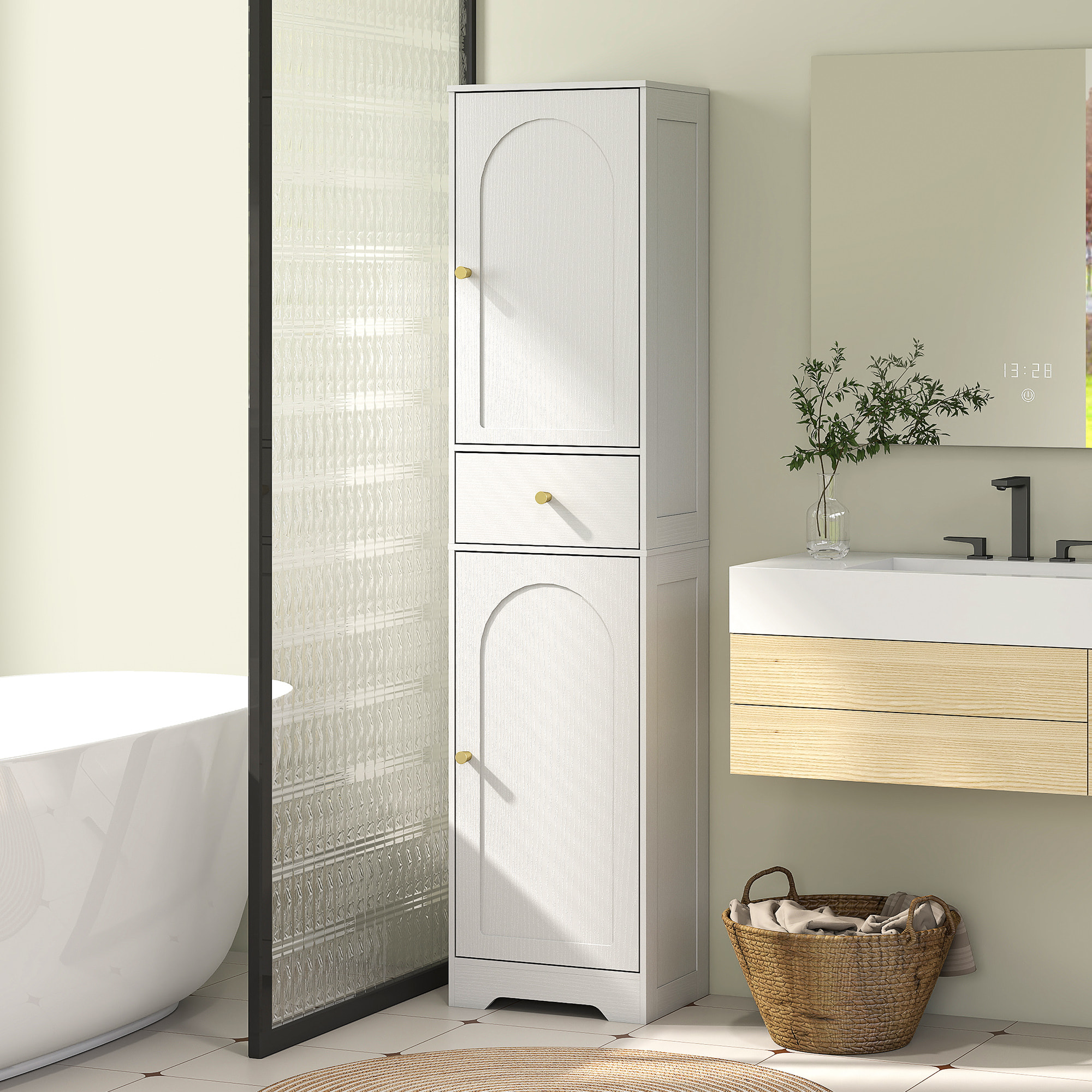 Colonne salle de bain design - 2 portes, 3 étagères, tiroir - dim. 40 x 29,5 x 170 cm - blanc doré