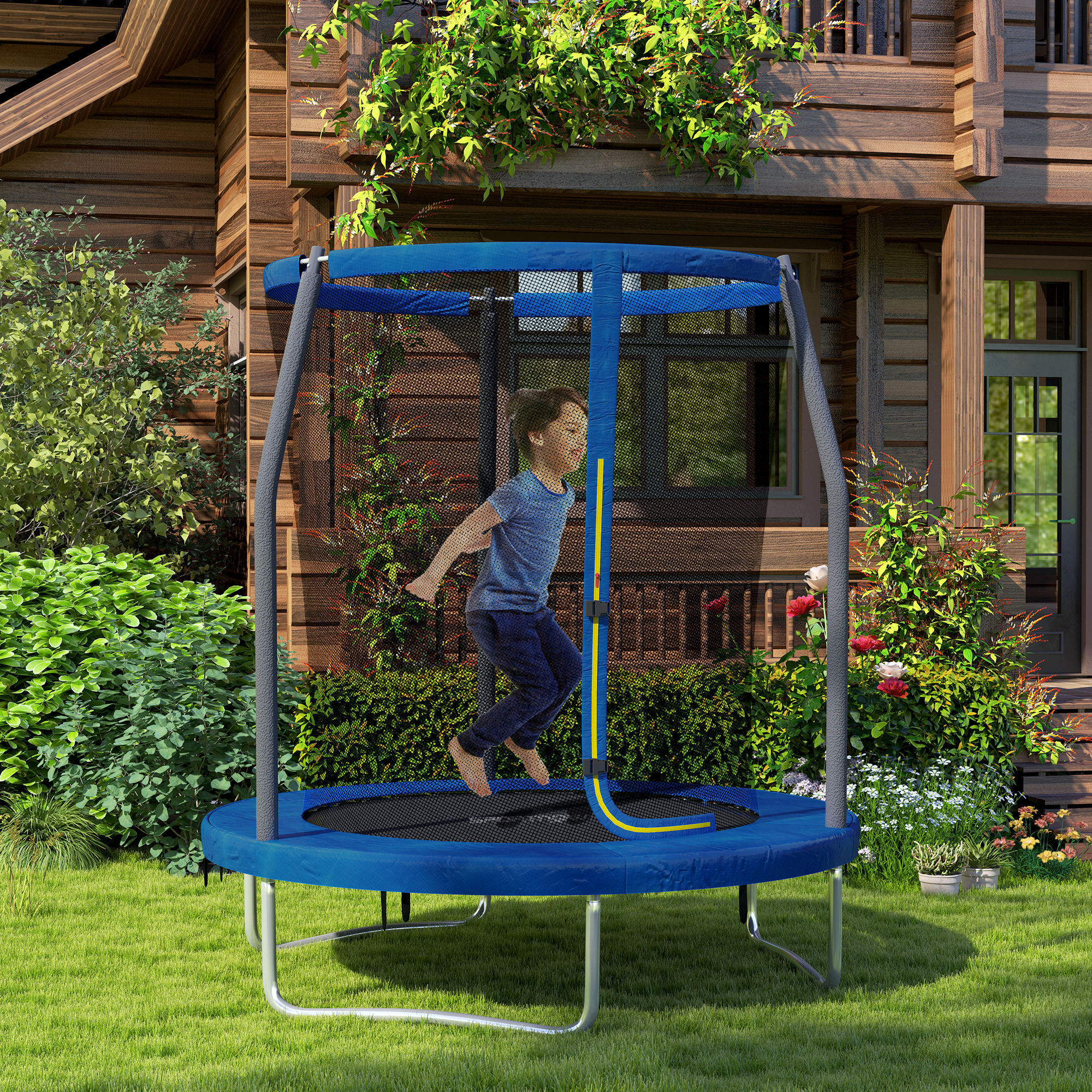 Cama Elástica Infantil Ø183 cm, Trampolín para Niños de +6 Años con Red de Seguridad, Barras Acolchadas, Funda de Seguridad y Marco de Acero, para Interior y Exterior