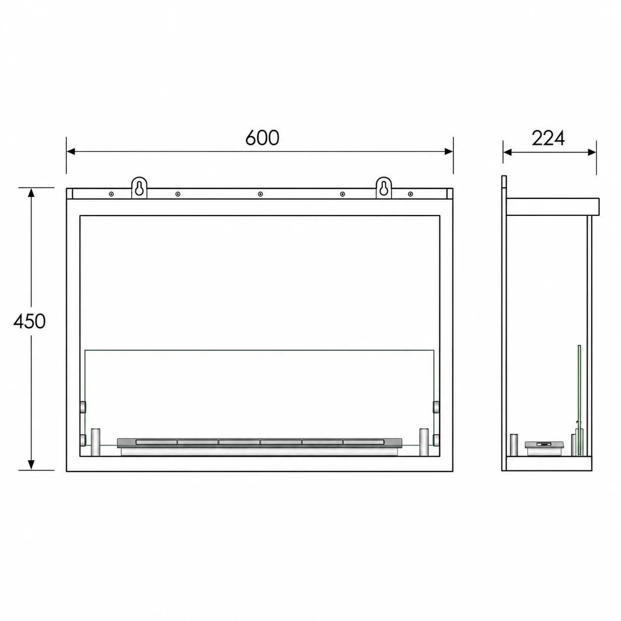 Sutri 60 - Camino a Bioetanolo da Incasso Angolare Sinistro 60x45x22,4 cm con Bruciatore 1,5lt in Acciaio