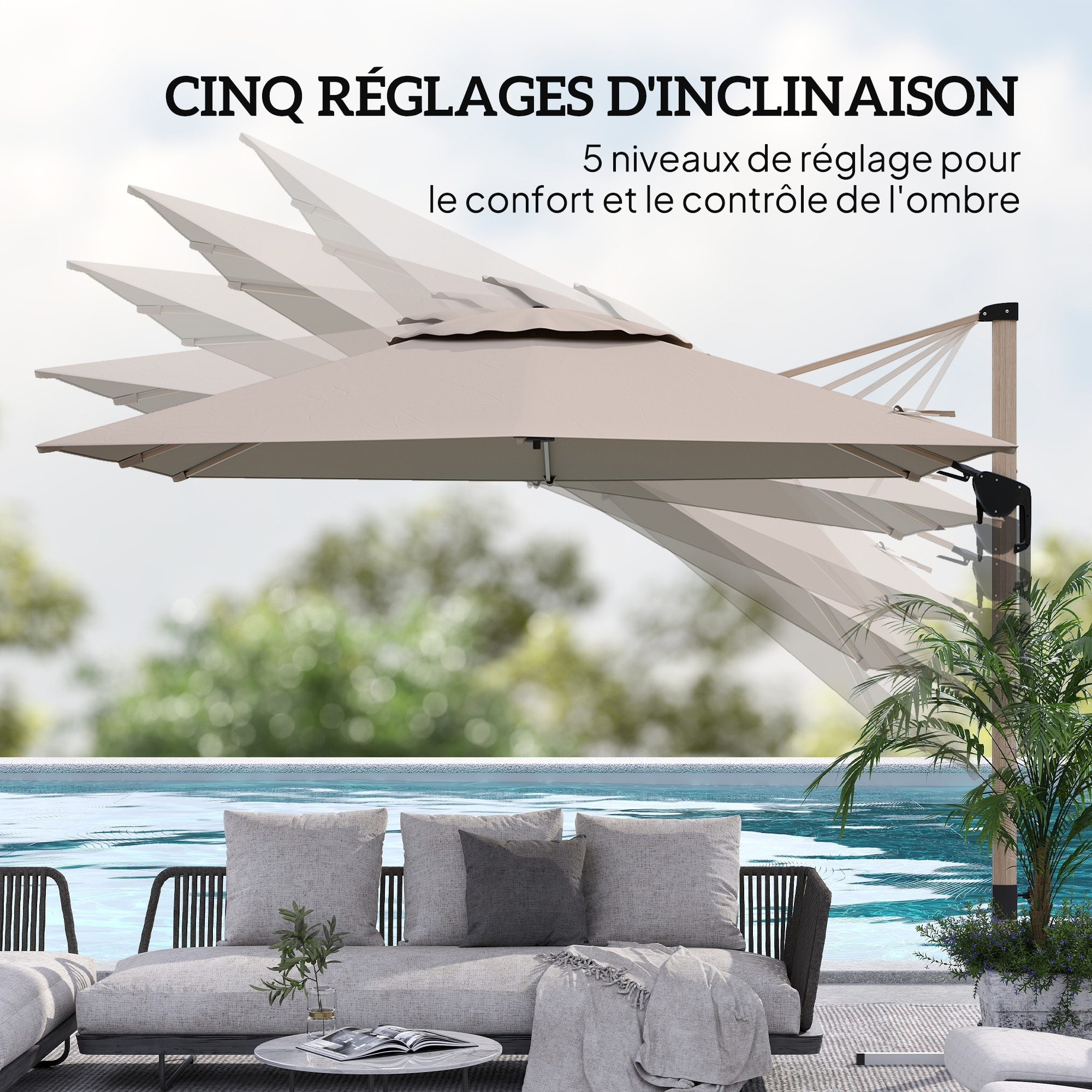 Parasol déporté hexagonal inclinable pivotant dim. 4,2L x 3l x 2,7H m alu effet bois polyester anti-UV UPF50+ kaki