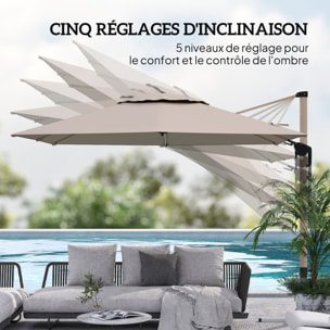 Parasol déporté hexagonal inclinable pivotant dim. 4,2L x 3l x 2,7H m alu effet bois polyester anti-UV UPF50+ kaki