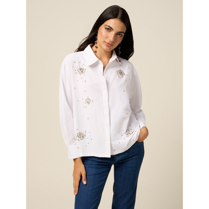 Oltre - Camicia in gabardina con applicazioni - Bianco