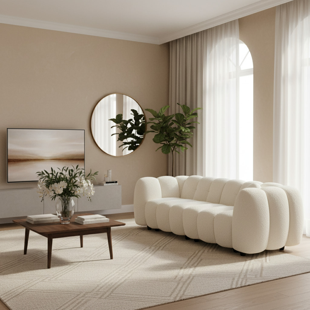 Canapé 3 places coquillage en bouclette blanc L 221 x P 100 x H 76cm - Perla